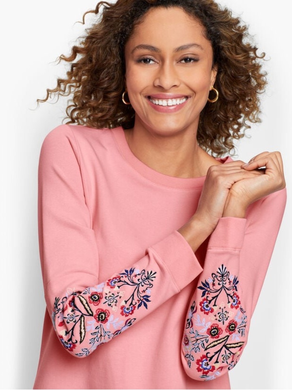 Talbots Pink Crewneck Sweatshirt with Embroidered Floral Sleeves